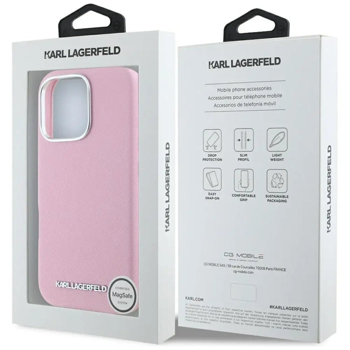 Karl Lagerfeld Saffiano Full Wrapped Elongated Metal Logo MagSafe iPhone 16 Pro Max Case - Pink - Cell phone cases