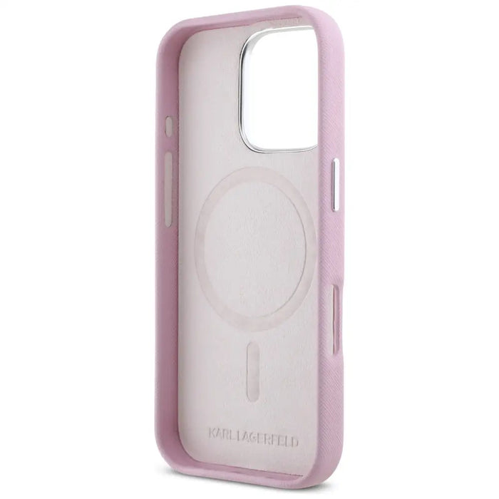 Karl Lagerfeld Saffiano Full Wrapped Elongated Metal Logo MagSafe iPhone 16 Pro Max Case - Pink - Cell phone cases