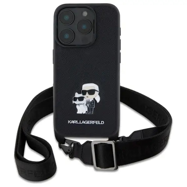 Karl Lagerfeld Saffiano Karl&Choupette Metal Pin CBDY Strap iPhone 16 Pro Max Case - Black - Cell phone cases