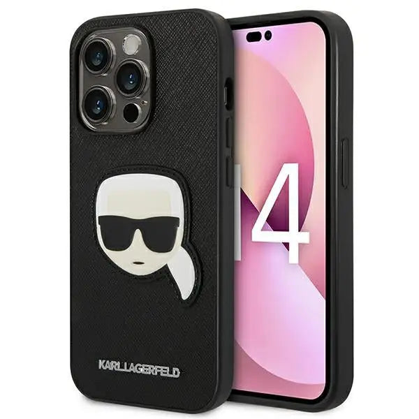 Karl Lagerfeld Saffiano Karl’s Head Patch Case for iPhone 14 Pro - Black - Cell phone cases and covers<<<HurtelXML