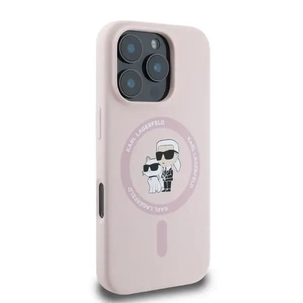 Karl Lagerfeld Silicone Karl&Choupette Heads Ring MagSafe Case for iPhone 16 Pro - Pink - Cell phone cases