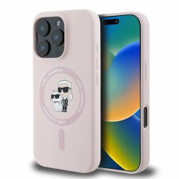 Karl Lagerfeld Silicone Karl&Choupette Heads Ring MagSafe Case for iPhone 16 Pro - Pink - Cell phone cases