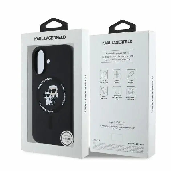 Karl Lagerfeld Silicone Karl&Choupette Heads Ring MagSafe iPhone 16 Case - Black - Cell phone cases