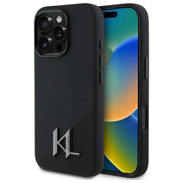 Karl Lagerfeld Silicone Shadow Metal Initial MagSafe Case for iPhone 16 Pro Max - Black - Cell phone cases