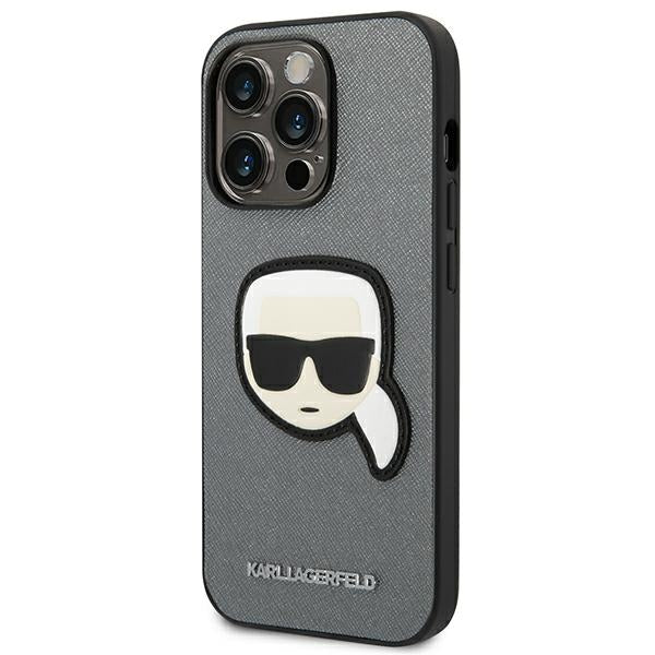 Karl Lagerfeld Saffiano Karl's Head Patch Case for iPhone 14 Pro - Silver