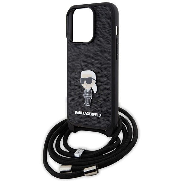 Karl Lagerfeld Crossbody Saffiano Monogram Metal Pin Karl &amp; Choupette Case for iPhone 15 Pro - Black