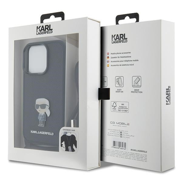 Karl Lagerfeld Crossbody Saffiano Monogram Metal Pin Karl &amp; Choupette Case for iPhone 15 Pro - Black