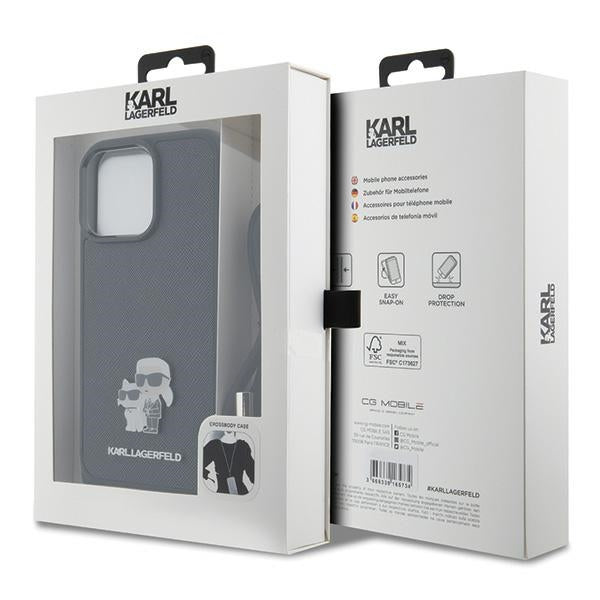 Karl Lagerfeld Crossbody Saffiano Metal Pin Karl &amp; Choupette Case for iPhone 15 Pro Max - Black