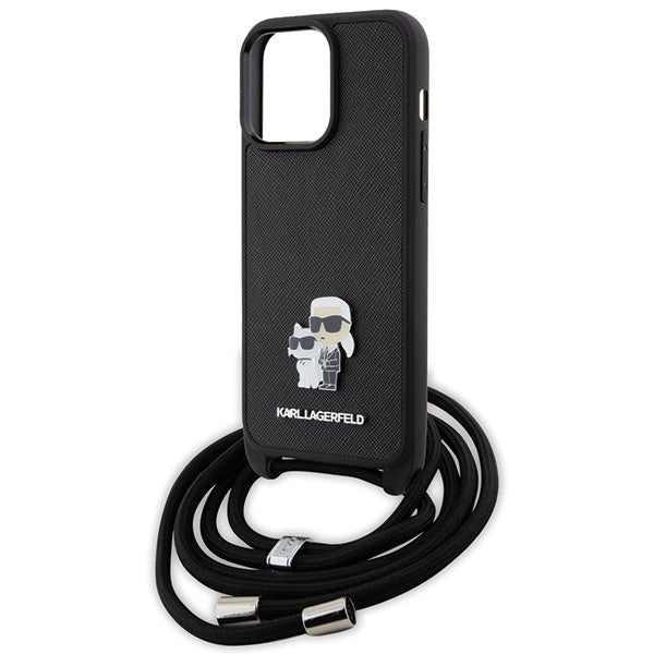 Karl Lagerfeld Crossbody Saffiano Metal Pin Karl &amp; Choupette Case for iPhone 15 Pro Max - Black