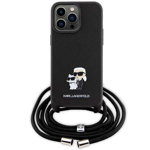 Karl Lagerfeld Crossbody Saffiano Metal Pin Karl & Choupette Case for iPhone 15 Pro Max - Black