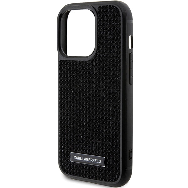 Karl Lagerfeld Rhinestone Logo Metal Plate case for iPhone 15 Pro - black