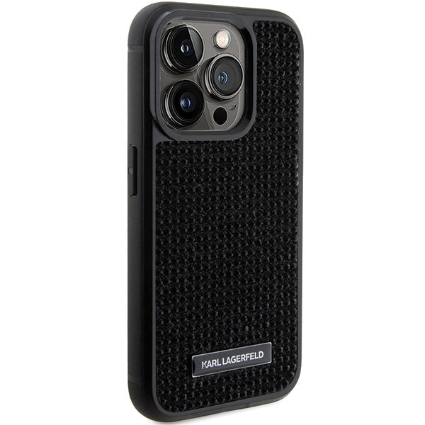 Karl Lagerfeld Rhinestone Logo Metal Plate case for iPhone 15 Pro - black