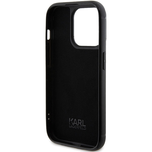 Karl Lagerfeld Rhinestone Logo Metal Plate case for iPhone 15 Pro - black