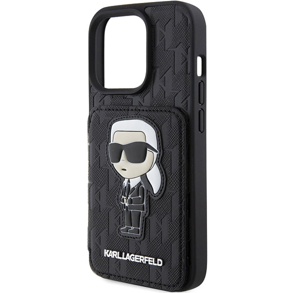 Karl Lagerfeld Saffiano Cardslots and Stand Monogram Ikonik Patch case for iPhone 15 Pro - black