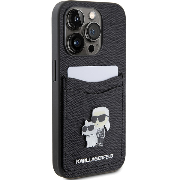 Karl Lagerfeld Saffiano Cardslot Karl&amp;Choupette Metal Pin case for iPhone 15 Pro - black