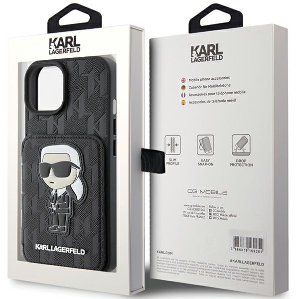 Karl Lagerfeld Saffiano Cardslots and Stand Monogram Ikonik Patch case for iPhone 15 - black