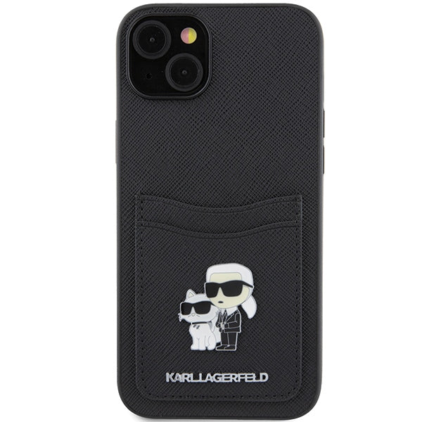 Karl Lagerfeld Saffiano Cardslot Karl&amp;Choupette Metal Pin case for iPhone 15 - black