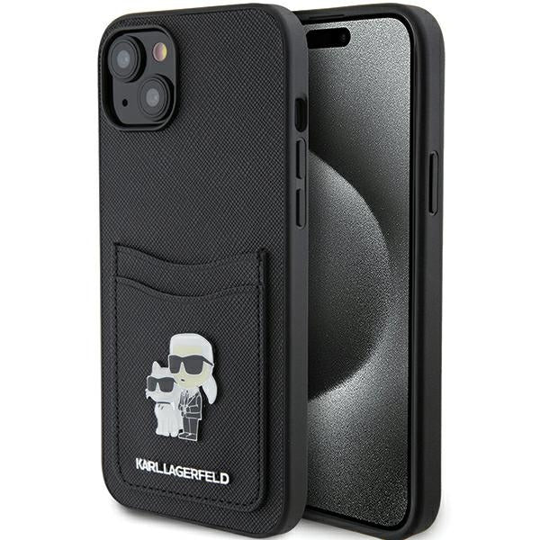 Karl Lagerfeld Saffiano Cardslot Karl&amp;Choupette Metal Pin case for iPhone 15 - black
