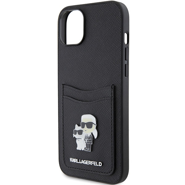 Karl Lagerfeld Saffiano Cardslot Karl&amp;Choupette Metal Pin case for iPhone 15 - black