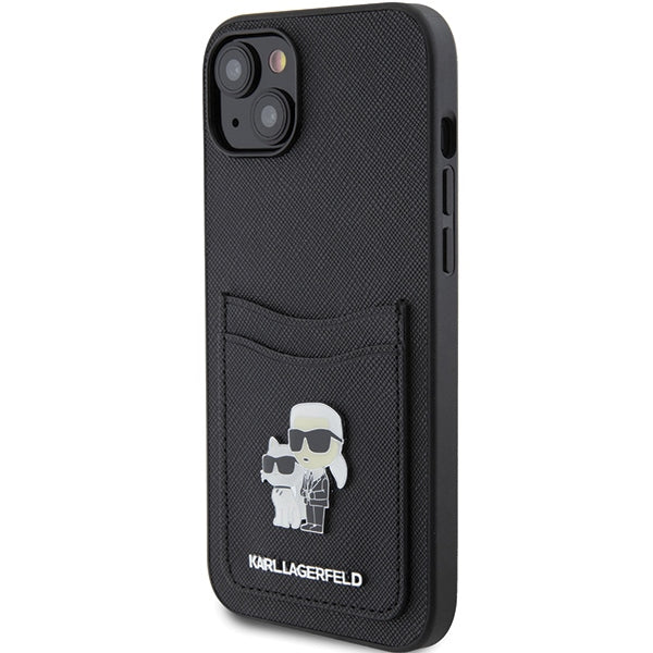 Karl Lagerfeld Saffiano Cardslot Karl&amp;Choupette Metal Pin case for iPhone 15 - black
