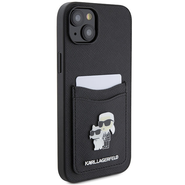Karl Lagerfeld Saffiano Cardslot Karl&amp;Choupette Metal Pin case for iPhone 15 - black