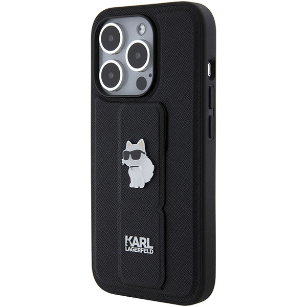 Karl Lagerfeld Gripstand Saffiano Choupette Pins case for iPhone 15 Pro - black
