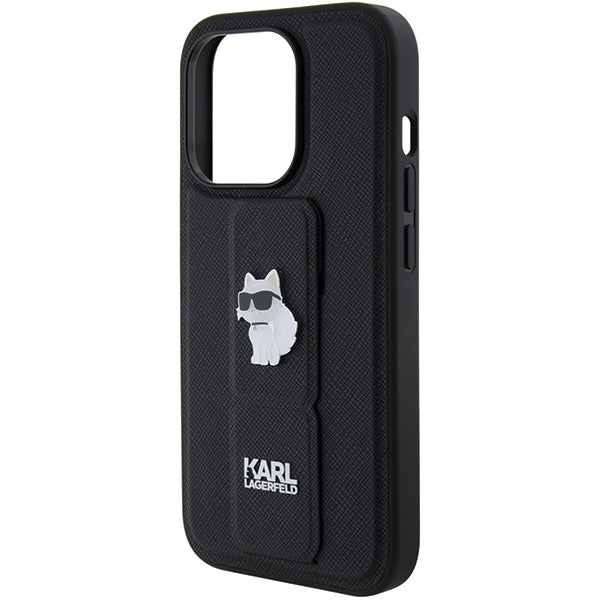 Karl Lagerfeld Gripstand Saffiano Choupette Pins case for iPhone 15 Pro - black