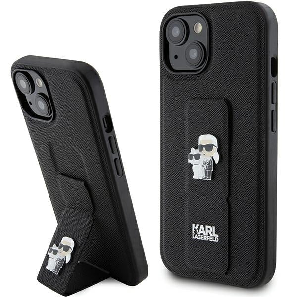 Karl Lagerfeld Gripstand Saffiano Karl&amp;Choupette Pins case for iPhone 15 - black