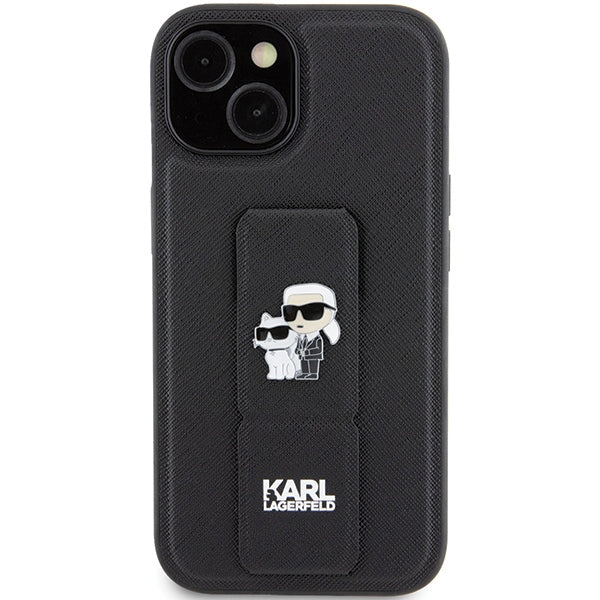 Karl Lagerfeld Gripstand Saffiano Karl&amp;Choupette Pins case for iPhone 15 - black