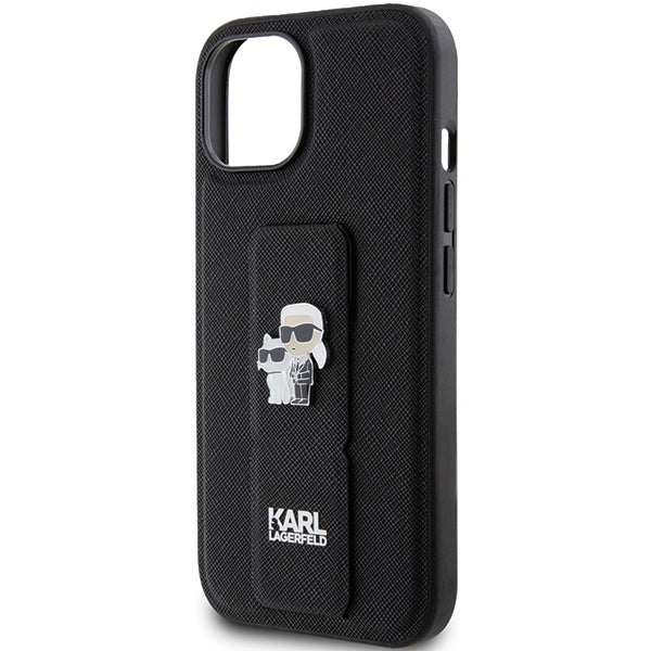 Karl Lagerfeld Gripstand Saffiano Karl&Choupette Pins case for iPhone 15 - black