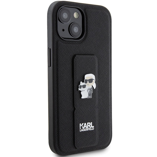 Karl Lagerfeld Gripstand Saffiano Karl&Choupette Pins case for iPhone 15 - black