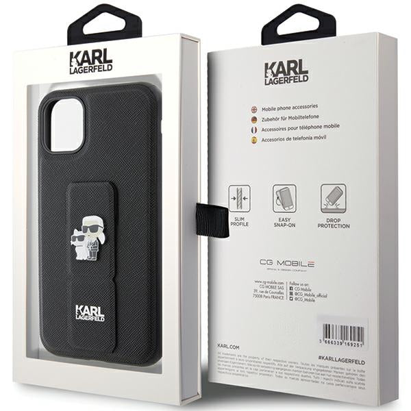 Karl Lagerfeld Gripstand Saffiano Karl&Choupette Pins case for iPhone 11 / Xr - black