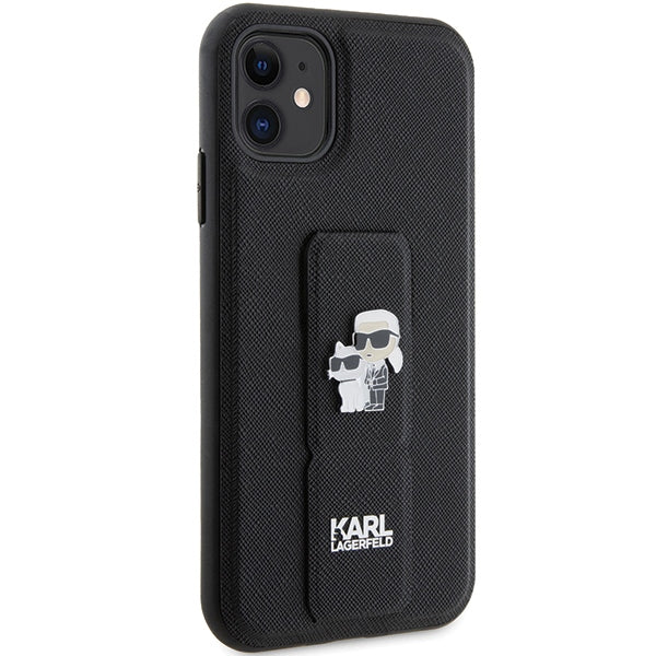 Karl Lagerfeld Gripstand Saffiano Karl&Choupette Pins case for iPhone 11 / Xr - black