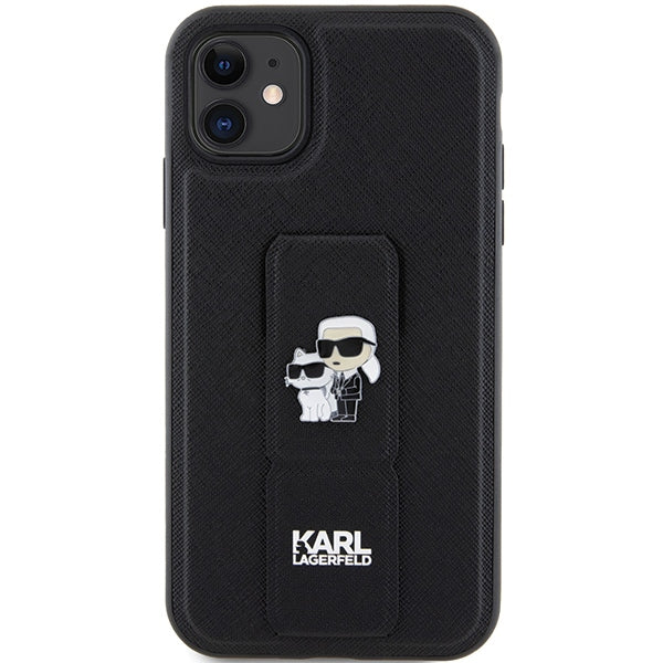 Karl Lagerfeld Gripstand Saffiano Karl&Choupette Pins case for iPhone 11 / Xr - black
