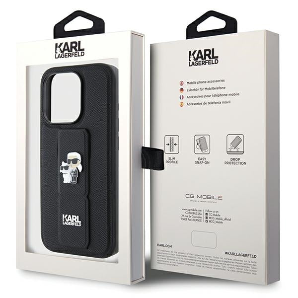 Karl Lagerfeld Gripstand Saffiano Karl&amp;Choupette Pins case for iPhone 13 Pro / 13 - black