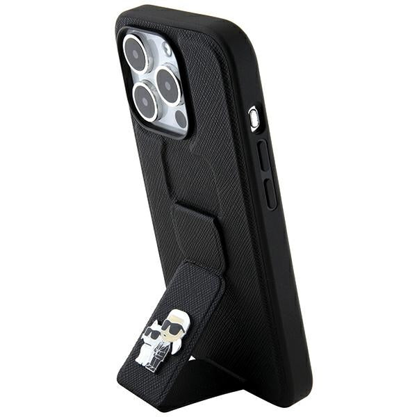 Karl Lagerfeld Gripstand Saffiano Karl&amp;Choupette Pins case for iPhone 13 Pro / 13 - black