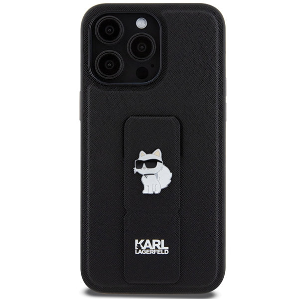 Karl Lagerfeld Gripstand Saffiano Choupette Pins case for iPhone 13 Pro Max - black