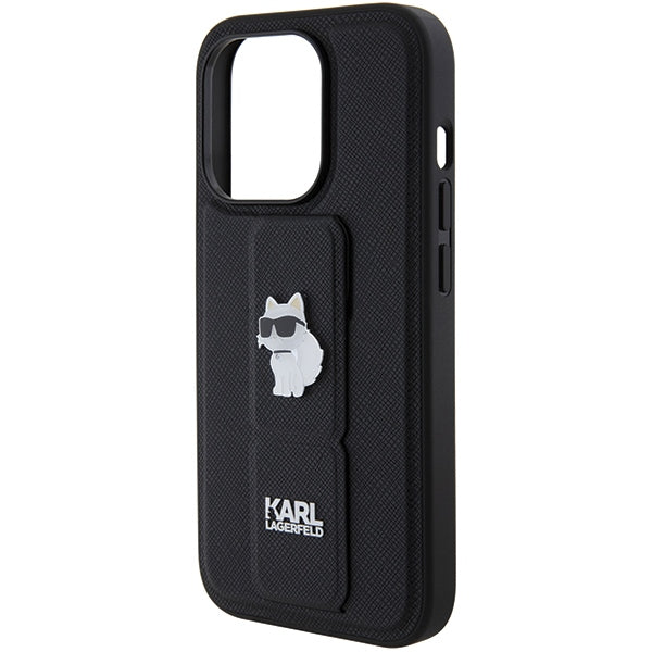 Karl Lagerfeld Gripstand Saffiano Choupette Pins case for iPhone 14 Pro - black