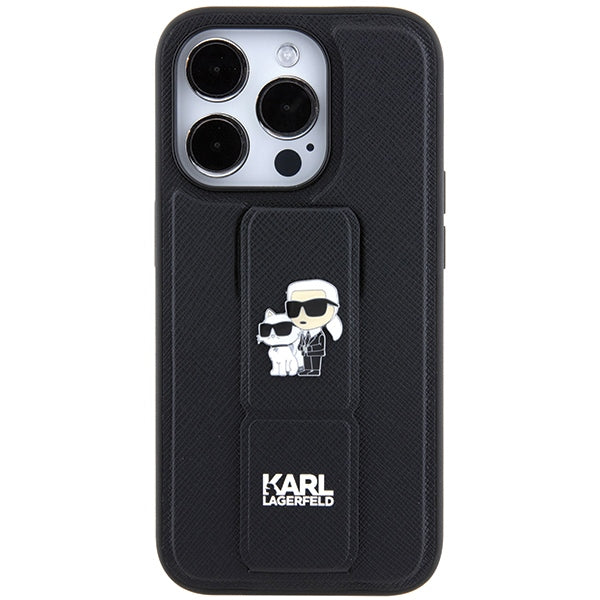 Karl Lagerfeld Gripstand Saffiano Karl&amp;Choupette Pins case for iPhone 14 Pro - black
