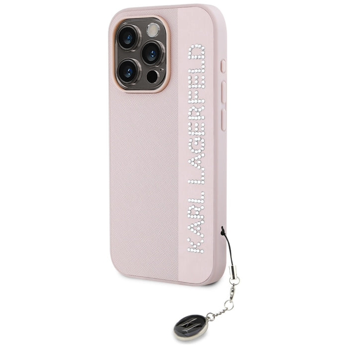Karl Lagerfeld Saffiano Rhinestones &amp; Charm case for iPhone 15 Pro Max - pink