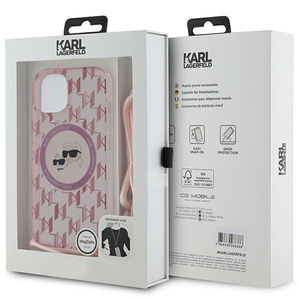 Karl Lagerfeld IML Crossbody Monogram Karl &amp; Choupette Head MagSafe case for iPhone 15 / 14 / 13 - pink