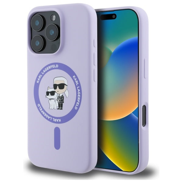 Karl Lagerfeld Silicone Karl&amp;Choupette Heads Ring MagSafe Case for iPhone 16 Pro - Purple