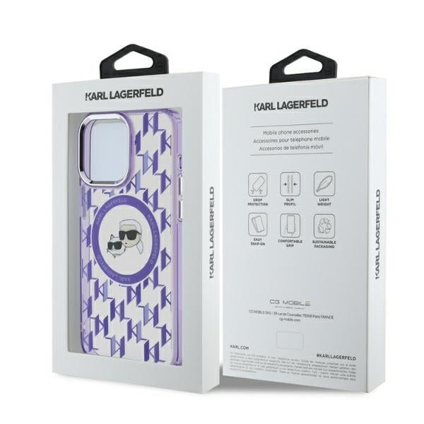 Karl Lagerfeld IML Monogram Karl &amp; Choupette Head MagSafe iPhone 15 Pro Case - Purple