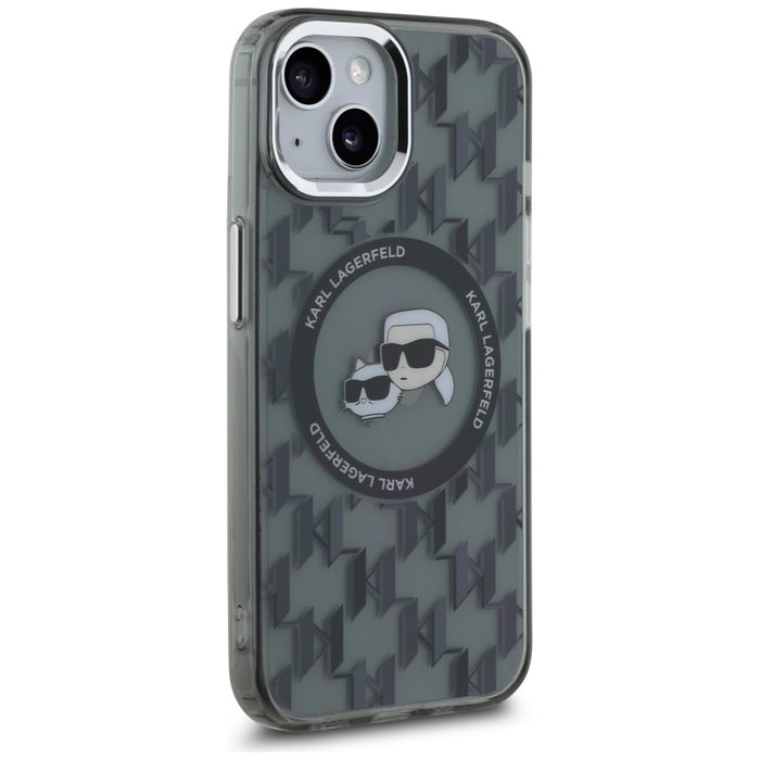 Karl Lagerfeld IML Monogram Karl &amp; Choupette Head MagSafe iPhone 15 Plus Case - Black