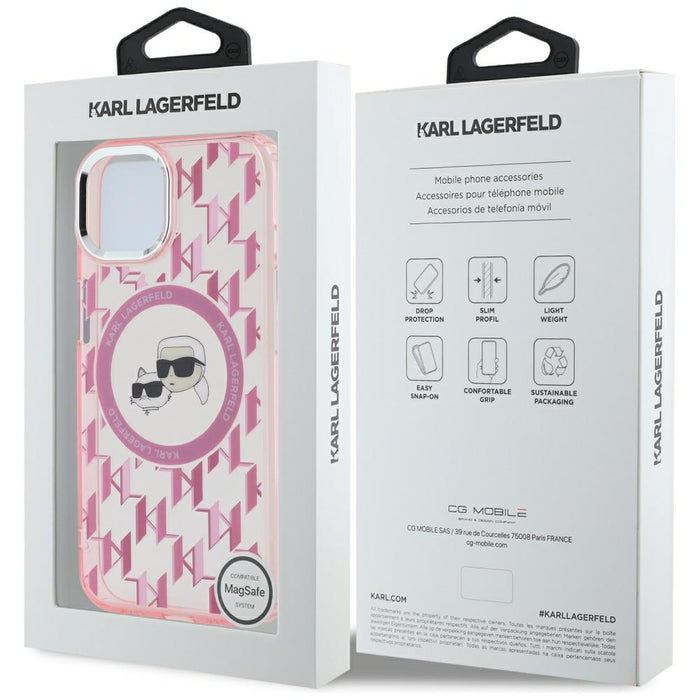 Karl Lagerfeld IML Monogram Karl &amp; Choupette Head MagSafe iPhone 15 Plus Case - Pink