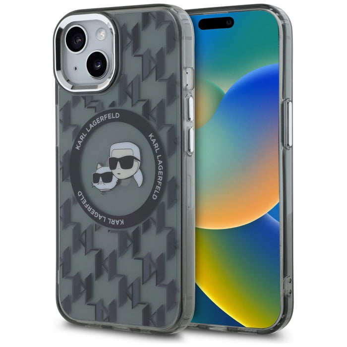 Karl Lagerfeld IML Monogram Karl &amp; Choupette Head MagSafe iPhone 15 Case - Black