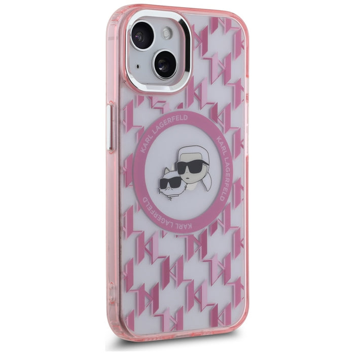 Karl Lagerfeld IML Monogram Karl &amp; Choupette Head MagSafe iPhone 15 Case - Pink