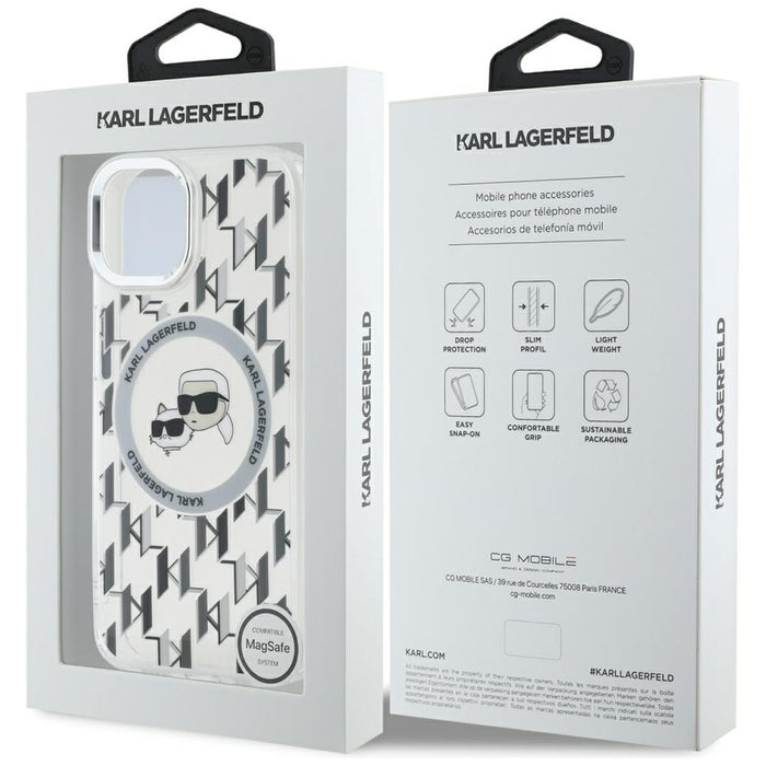 Karl Lagerfeld IML Monogram Karl &amp; Choupette Head MagSafe iPhone 15 Case - Clear