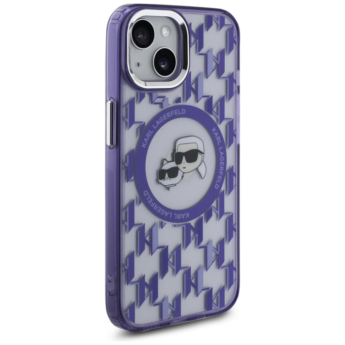 Karl Lagerfeld IML Monogram Karl &amp; Choupette Head MagSafe iPhone 15 Case - Purple