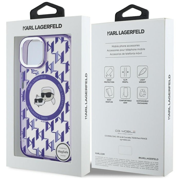 Karl Lagerfeld IML Monogram Karl &amp; Choupette Head MagSafe iPhone 15 Case - Purple